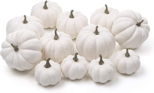Ogrmar 12 Pack Artificial Assorted Pumpkins, Mini Fake Pumpkins Artificial Vegetables for Halloween,Harvest Thanksgiving Party Decor (White)