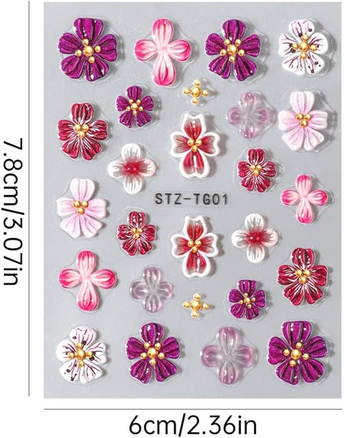 Flower Nail Art Stickers, 5D Embossed Hibiscus Flower Nail Decals Colorful Aurora Gradient Ice Transparent Flowers Design Self-Adhesive Summer Stickers DIY Engraved Manicure Foils Nail Art 2 Sheets