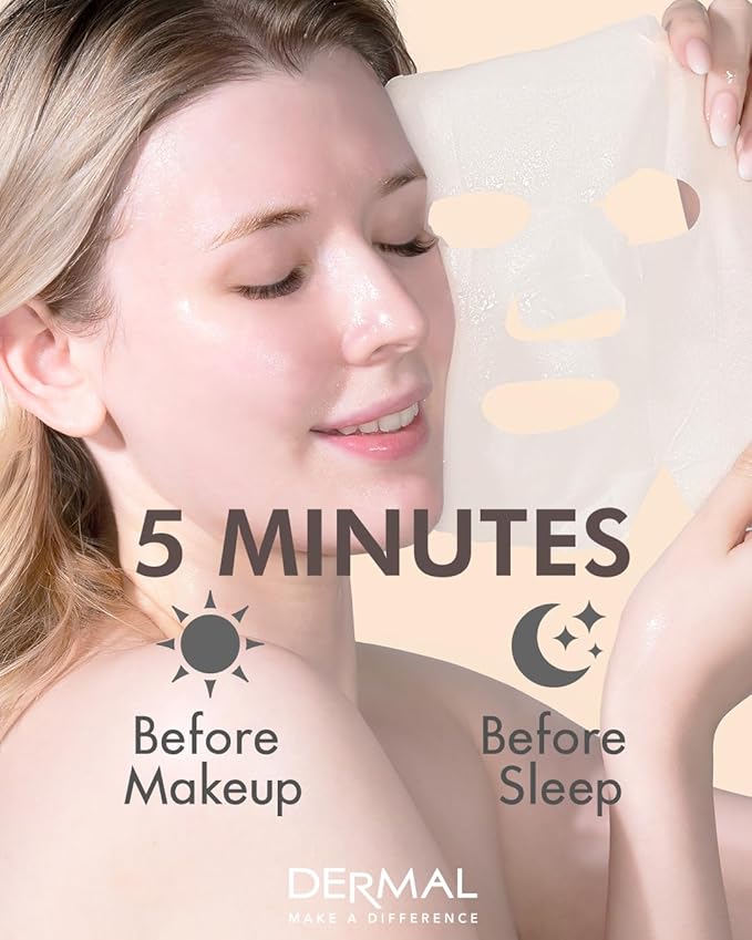 DERMAL Pearl Collagen Essence Facial Mask Sheet 23g Pack of 10 - Clarify Skin, Skin Smooth, Daily Skin Treatment Solution Sheet Mask
