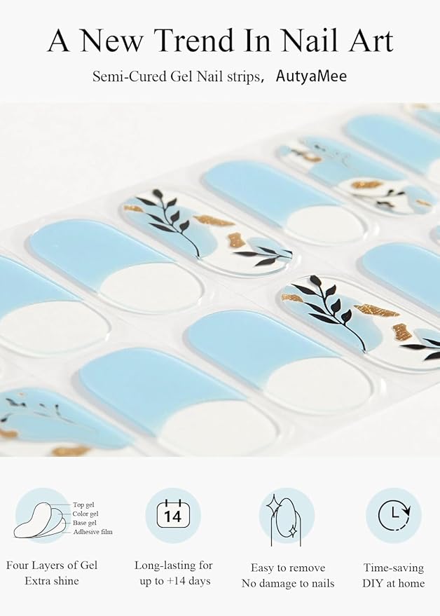 Semi Cured Gel Nail Strips (Blue French), Painted Flowers, 20 Pcs Gel Nail Wraps, Stickers, UV Light Required, Salon Quality, Long Lasting