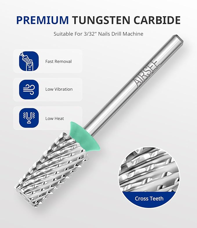 AIRSEE Tungsten Carbide Acrylic Nail Drill Bit Efile Electric File Machine Head Tip for Manicure Polishing Art Remove Gel 3/32" 2 Way Professional Tech Flat Top Tapered Barrel Coarse-C