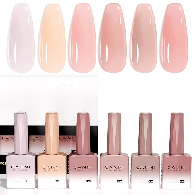 CANNI 6 Colors 9 Ml Jelly Gel Nail Polish Set- Neutral Transparent Jelly Nude Pink Colors Sheer Gel Polish Kit, Soak Off LED Nail Gel Manicure Kit DIY at Home Salon Gifts