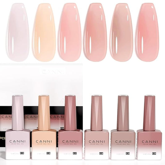 CANNI 6 Colors 9 Ml Jelly Gel Nail Polish Set- Neutral Transparent Jelly Nude Pink Colors Sheer Gel Polish Kit, Soak Off LED Nail Gel Manicure Kit DIY at Home Salon Gifts