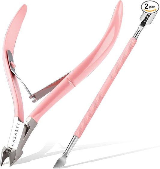 Makartt Cuticle Trimmer with Cuticle Pusher - Stainless Steel Cuticles Nipper with Dual Spring, Ergonomic Handle, 7mm Blade & Dual-Ended Pusher for Nail Care & Gel Removal, Pink