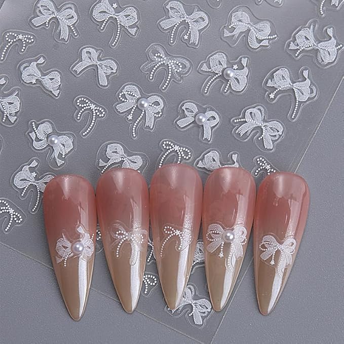 3 Sheets White Bow Ribbon Nail Art Stickers Pearl Lace Rhinestone Embossed Nail Decals Butterfly Pearl Design Self-Adhesive Nail Stickers Women's Nail Art Supplies