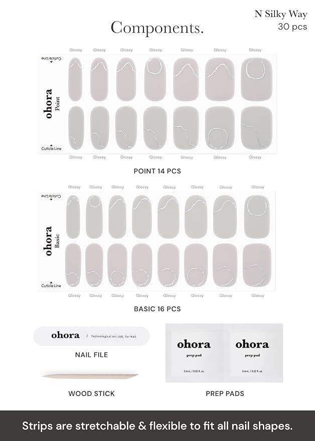ohora Semi Cured Gel Nail Strips (N Silky Way) - Nude, Metallic, Works with Any UV/LED Lamps, Salon-Quality, Long Lasting, Easy to Apply & Remove - Includes 2 Prep Pads, Nail File & Wooden Stick