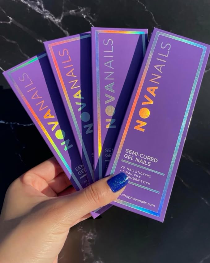 NOVA, Female Founded, Semi Cured Gel Nail Strips (Muse) - The 10 Minute Manicure. Salon-Quality, Works with Any Nail Lamp, Easy to Apply & Remove - Incl. Nail File & Wooden Stick (Muse)