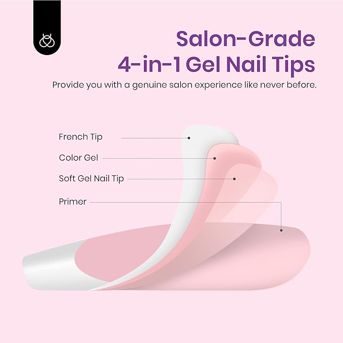 Beetles X Press Plus French Tip Nails - Camellia French | Pink Short Square Press On Nails | 16 Sizes 224 Pcs Natural Salon Quality Gel Nail Tips