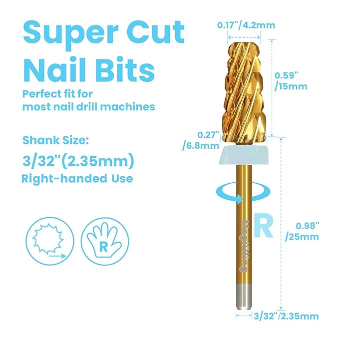 Super Cut Tapered Barrel Nail Drill Bits, 3/32'' Professional Tungsten Carbide Bits, Remove Hard Gel Fast, Right Hand, Suitable for Long Acrylic Nails Gel Polishing, Quadruple Coarse.