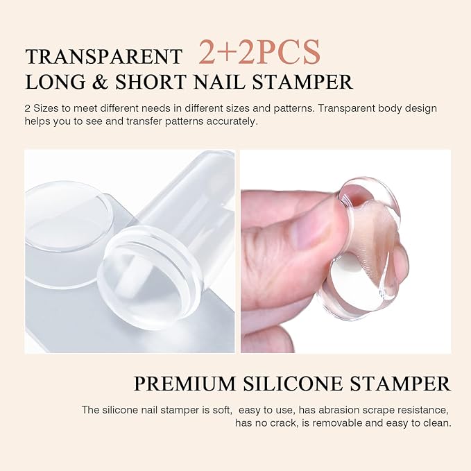 Saviland French Tip Nail Stamp: 8PCS Clear Silicone Nail Stamping Nail Art Stamper Kit, 2+2PCS Long & Short Jelly Stamper with Scrapers Nail Stamper Kit for French Manicure Home DIY Nail Salon