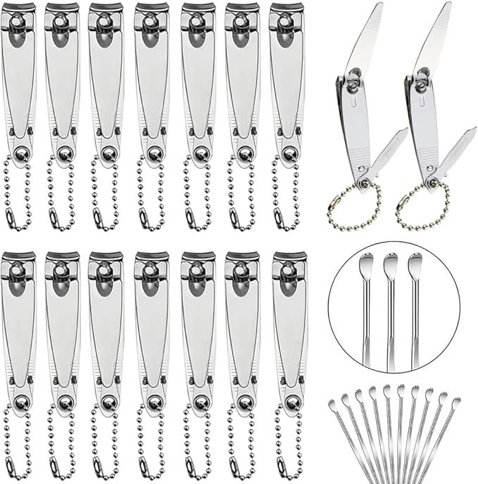16-Piece Bulk Nail Clippers with File & 16 PCS Earpicks | Stainless Steel Travel Small Toenail Clippers Mini Fingernail Clippers with Storage Pouch for Men, Women, Gifts, Homeless Care
