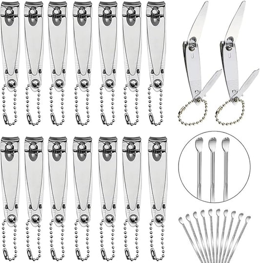 16-Piece Bulk Nail Clippers with File & 16 PCS Earpicks | Stainless Steel Travel Small Toenail Clippers Mini Fingernail Clippers with Storage Pouch for Men, Women, Gifts, Homeless Care