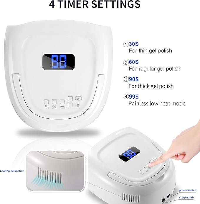 UV LED Nail Lamp,60W Professional Rechargeable UV LED Nail Dryer for Gel Nail Polish Dryer Fast Curing Lamp, 4 Timer Settings Gel Nail Lights for Auto Sensor Nail Machine (White)