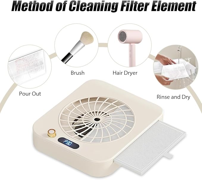 Nail Dust Collector, Powerful Vacuum Fan Dust Collector Vent Suction Machine Nail Tech LED Display Manicure Pedicure Tool Reusable Filter for Acrylic Polishing Art Salon Home Training Low Noise