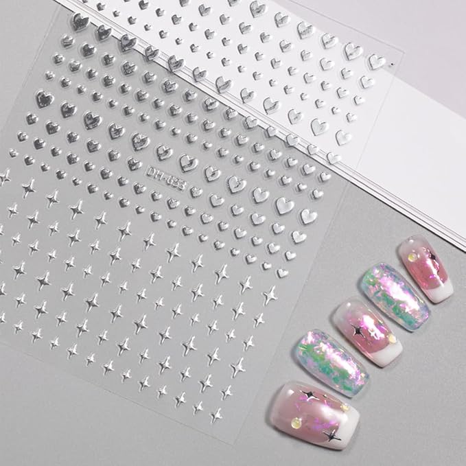6Sheets Heart Nail Art Stickers, Hearts Stars Nail Decals for Women Valentines Nail Art Supplies 3D Black White Gold Silver Blue Red Heart Stickers for Nails Design Sticker DIY Manicure Decoration