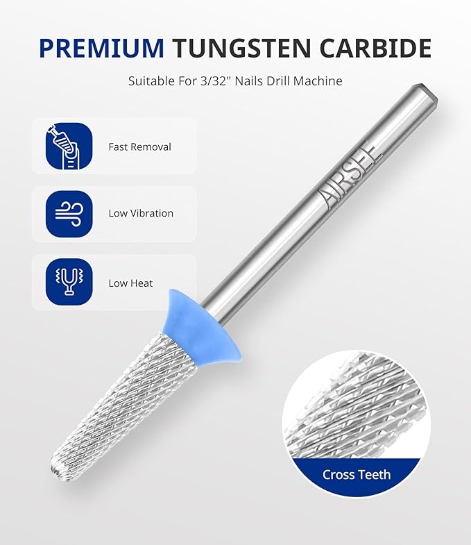 AIRSEE Tungsten Carbide Acrylic Nail Drill Bit Efile Electric File Machine Head Tip for Manicure Polishing Art Remove Gel 3/32" 2 Way Safety Use Ball Top Tapered Bit Cone Shape Medium-M