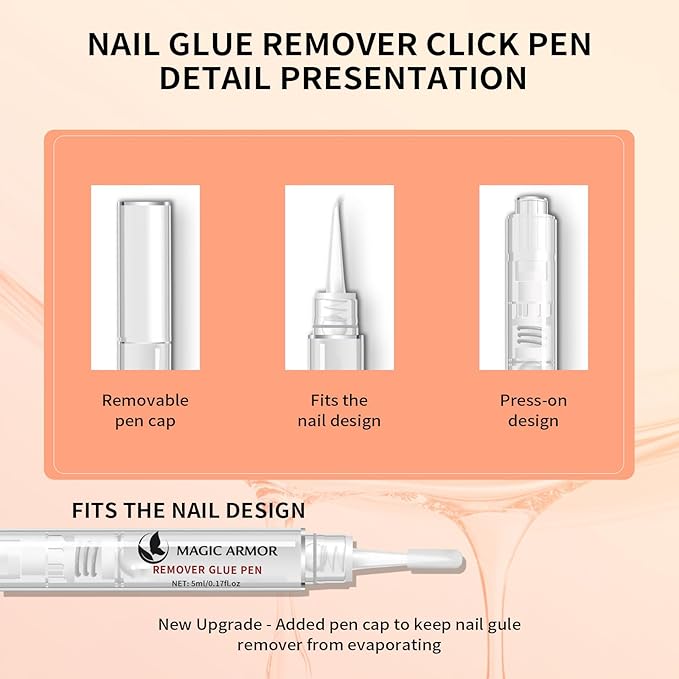 2-Pack Nail Glue Remover Pens with Cuticle Pusher – Click Pen Design for Easy Press-On Nail Removal – Quick & Gentle Adhesive Debonder for Fake Nails – Not for Gel Polish or Base Coat (5ml Each)