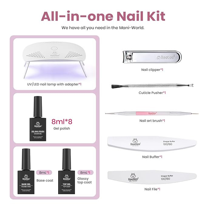 Beetles Gel Nail Polish Kit with U V Light, Gel Polish Starter Kit Soak Off Nude Gray Purple Mauve Light Pink LED Nail Lamp Base Gel Top Coat DIY Home Valentines Day Gifts for Her