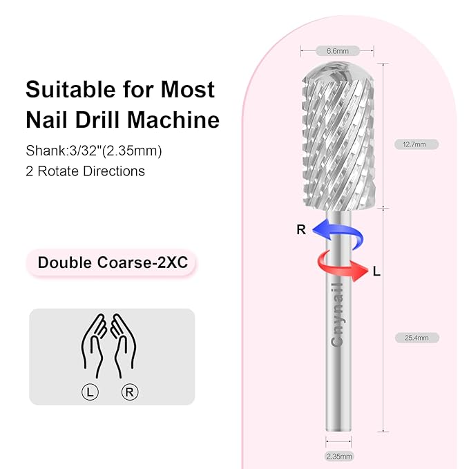 3/32" Large Barrel Smooth Round Top Tungsten Carbide Nail Drill Bit Safety Bit for Gel & Acrylic Removal, 2-Way Rotating Efile Tip, Salon Electric File Accessory (XXC Grit, Silver)