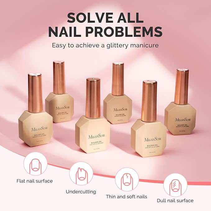 MelodySusie Builder Gel Nail Set for Nails Thickening,6 Colors 15ML Nude Pink Base Colors Clear Rubber Base Gel Polish,Soak Off UV Extension,Rhinestone Nail Glue in a Bottle Gift for Women