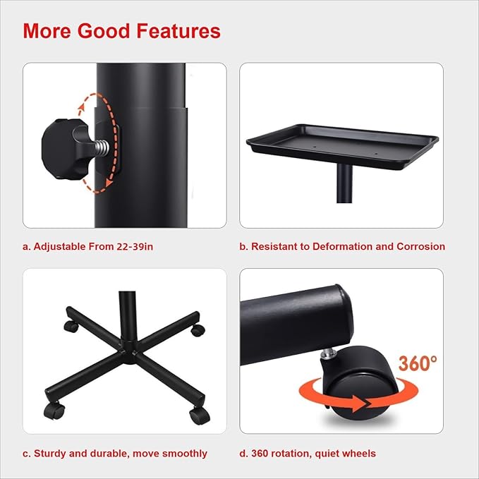 Salon Tray on Wheels, Salon Rolling Tray with Adjustable Height, Hair Stylist Tray, Suitable for Tattoo Tray and Dental Tray, No-Rusting(Black)