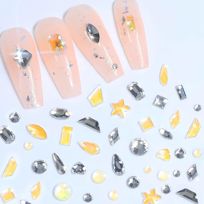 HNUIX Nail Rhinestones for Nails - 3D Multi Shapes, Flat Back, Small Nail Gems, Crystal & Aurora Nail Diamonds, with Kit, for Nail Art, DIY Decor