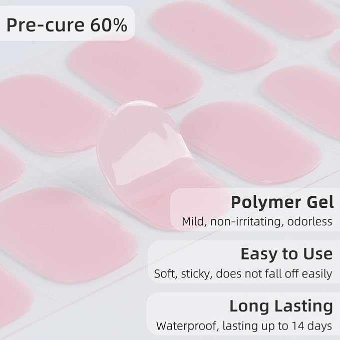 Semi Cured Gel Nail Strips | 28 PCS Bare Pink Gel Nail Stickers Work with Any UV Lamps, Long Lasting Nails Wraps for Women Home DIY Nails Art