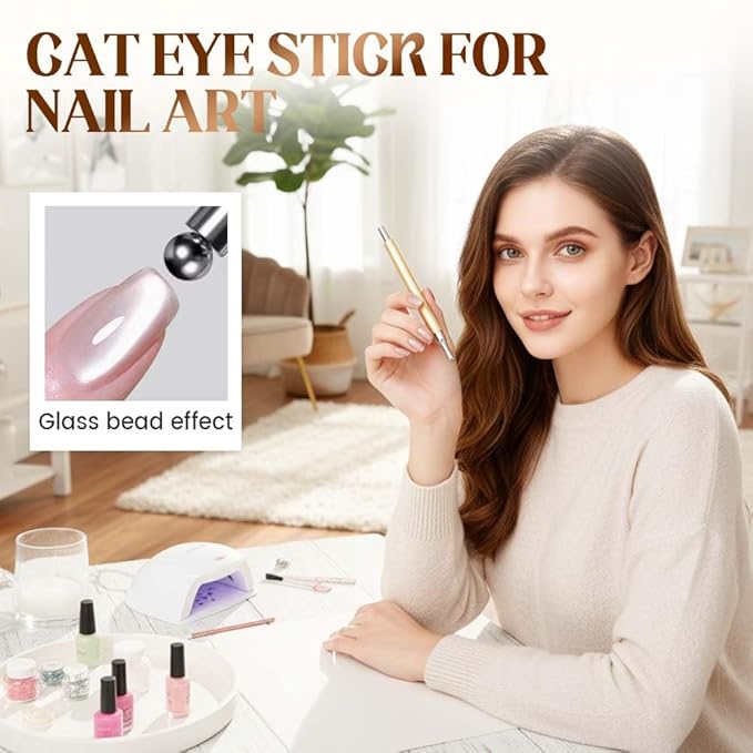 Cat Eye Magnet for Nails, 2026 New Double-head Magnet Wand with Round Nail Magnet Beads Nail Polish Magnet Pen Magnetic Cat Eye Gel Polish Nail Design Tool for Home DIY, Salon, Rose Gold (3PC Mix)