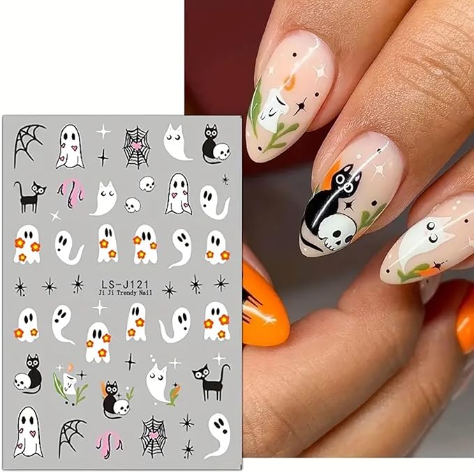 8 Sheets Halloween Cute Ghost Nail Stickers for Nail Art Self-Adhesive Decals With Spider, Bat, Pumpkin, Spider Web Designs - Manicure Holiday Decorations Charms for Women