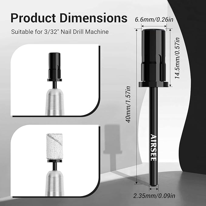 AIRSEE Nail Drill Mandrel Bit for Efile Sanding Bands, Stainless Steel Professional Electric File Head for Clean Cuticle Removing, Acrylic Tip Dead Skin Sander Remover Manicure Safety (Classic Black)