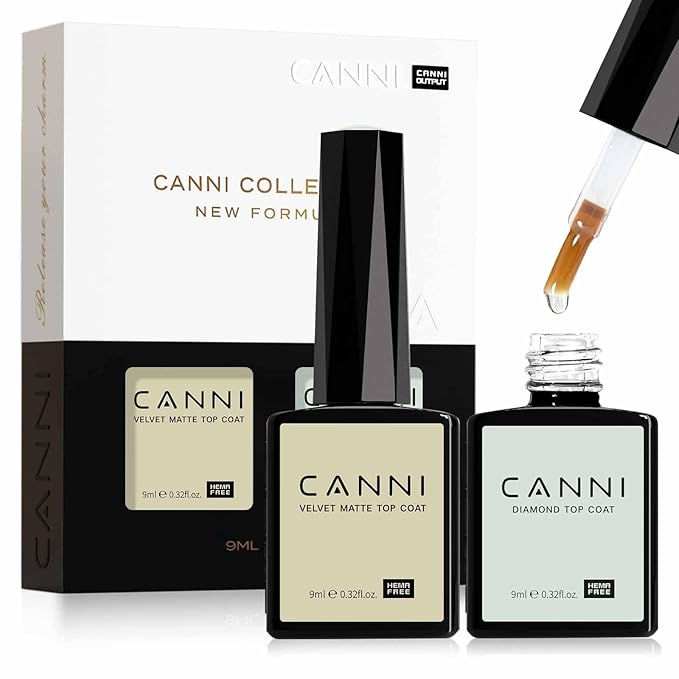 CANNI 2 Pcs No Wipe Matte Top Coat and Glossy Gel Top Coat Set- High Shiny Long Lasting Clear Gel Nail Polish Kit, Soak Off Nail Art Home and Professional Manicure