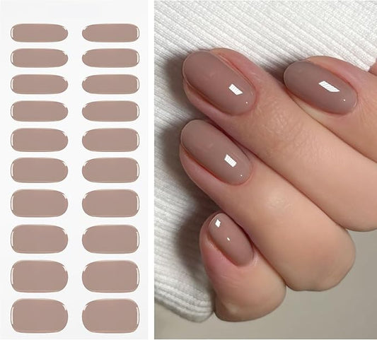 JMEOWIO Gel Nail Stickers Coffee Semi Cured Gel Nail Strips Wraps UV/LED Nails Art Design Decoration Accessories