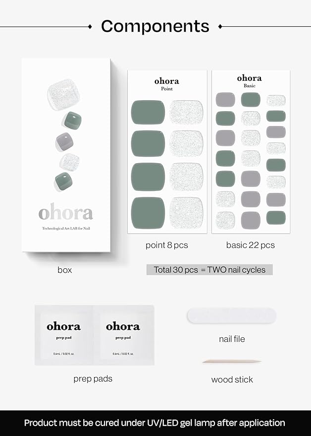 ohora Semi Cured Gel Pedi Strips (P Ice Mint) - Works with Any Nail Lamps, Salon-Quality, Long Lasting, Easy to Apply & Remove - Includes 2 Prep Pads, Nail File & Wooden Stick