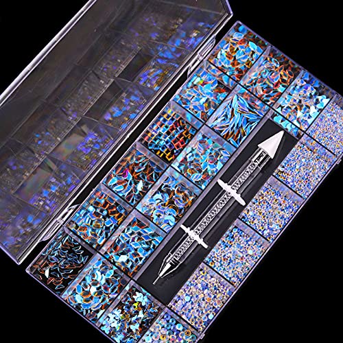 Nail Rhinestones Kit, Nail Art Decorations with Wax Pencil Flat AB Rhinestones Kit DIY Crafts Gemstones for Nail, Shoes, Clothes, Jewels (600 Aurora Diamonds + 2500 Flat Rhinestone)