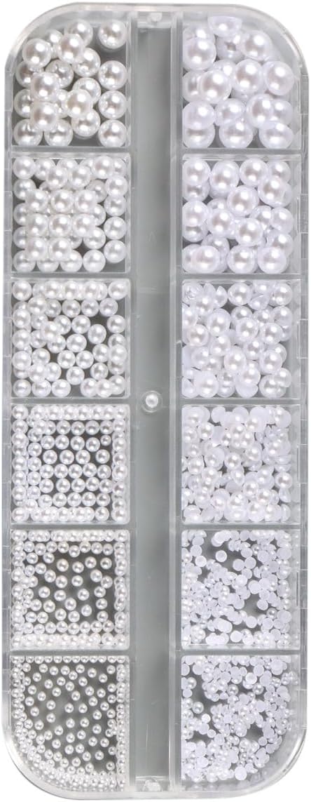 12 Grids Half Round Pearl Beads 3D Nail Charms Elegant White Wedding Designs Decorations Mixed Pearls Ornaments Manicure Decor (White)