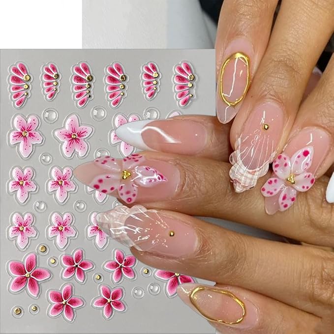 6 Sheets Flower Nail Art Stickers, 5D Embossed Hawaiian Floral Nail Decals 3D Self-Adhesive Hibiscus Tropical Floral Summer Spring Stickers for Women Girls DIY Manicure Decorations