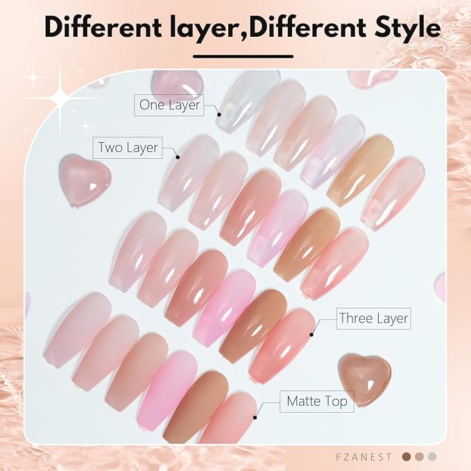 FZANEST Gel Nail Polish Jelly Nude Set,Sheer Natural Milky Pink 6 Colors Gel Polish Nail Kit Soak Off LED UV Varnish Nail Art Manicure Kit