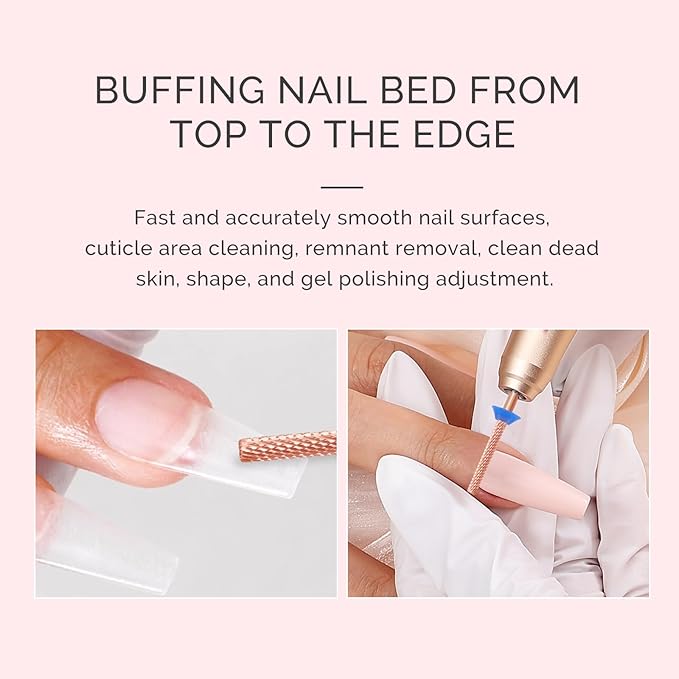 MelodySusie Super Long Mini Barrel Nail Buffer Bit, Professional Safety Carbide Nail Bit for Nail Bed File Cuticle Dead Skin Cleaning Nail Prepare, Two Way Rotate, Manicure Salon Supply, Rose Gold, M
