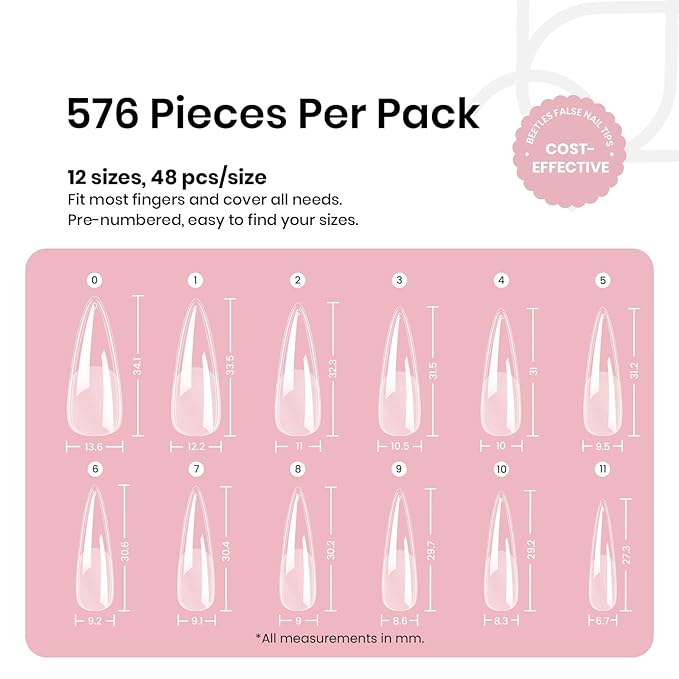 Beetles Gel Nail Tips Etch-X, Stiletto Medium, 576Pcs 12 Sizes, Pre-Etched Half Matte Full Cover Soft Acrylic Fall Halloween False Nail Tips Easy DIY Press On Nail Extensions Salon Gift for Women