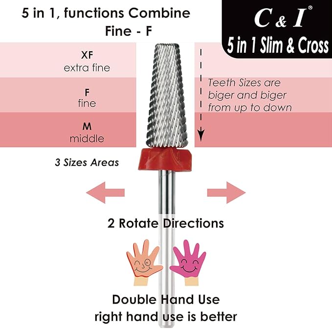 C & I 5 in 1 Nail Drill Bit, Cross & Slim Edition, Professional Nail Drills for Electric Manicure Drill Machine (Fine -F)