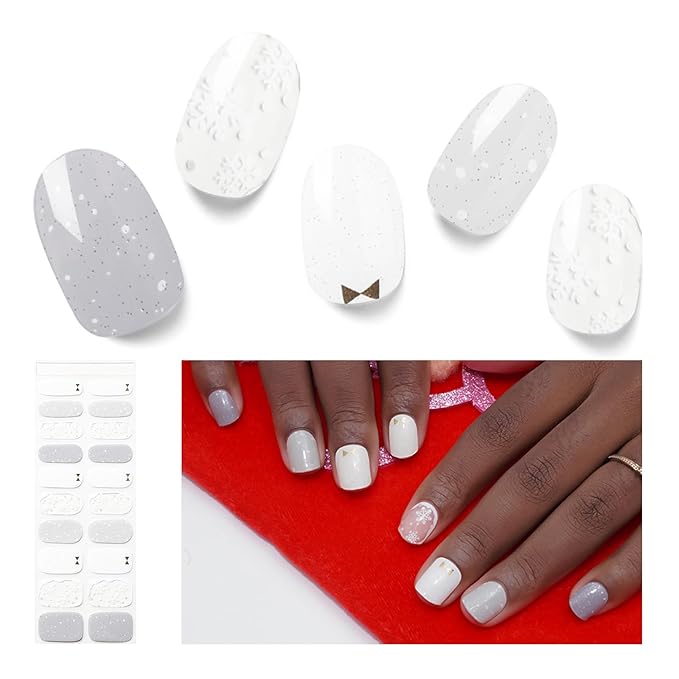 Semi Cured Gel Nail Strips, Christmas 20 PCS Nail Stickers Work with UV Light, Salon Quality & Easy to Use - Snowy Glow