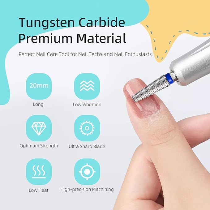 Long 5 in 1 Nail Drill Bits, 20mm Medium Straight Cut Tapered Nail Bit, 3/32 Two-way Safety Carbide Drill Bits for Nails, Electric Manicure Drills Remove Gel