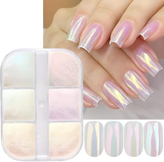 6 Colors White Pearl Chrome Nail Powder Mirror Effect Aurora Magic White Pearlescent Chrome Powder for Gel Nails, Iridescent Nail Powder Glitter for Nail Art Decoration