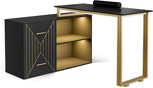 Paddie Manicure Table for Nail Tech with Wrist Cushion, Corner Nail Desk with 2 Drawers and 2 Shelves, Beauty Salon Nail Supplies Decor Station with 16 Colors LED Lights （Black）