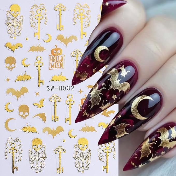 ONPRESS 6Sheet Halloween Nail Stickers 5D Embossed Skeleton Skull Nail Art Stickers Pink Hand Bone Rose Flower Nail Decals Self-Adhesive Gothic Scary Gold Nail Decor Manicure Accessories for Holiday