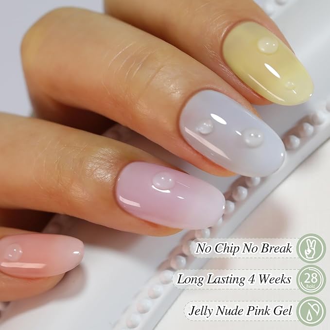 Double Rhythm Gel Nail Polish Set of 6 Colors Baby Light Pastel Milky Nail Polish Starter Kit Art DIY Salon Home (Jelly Sheer White Lilac Blue Pink Yellow Green,Kit 1)