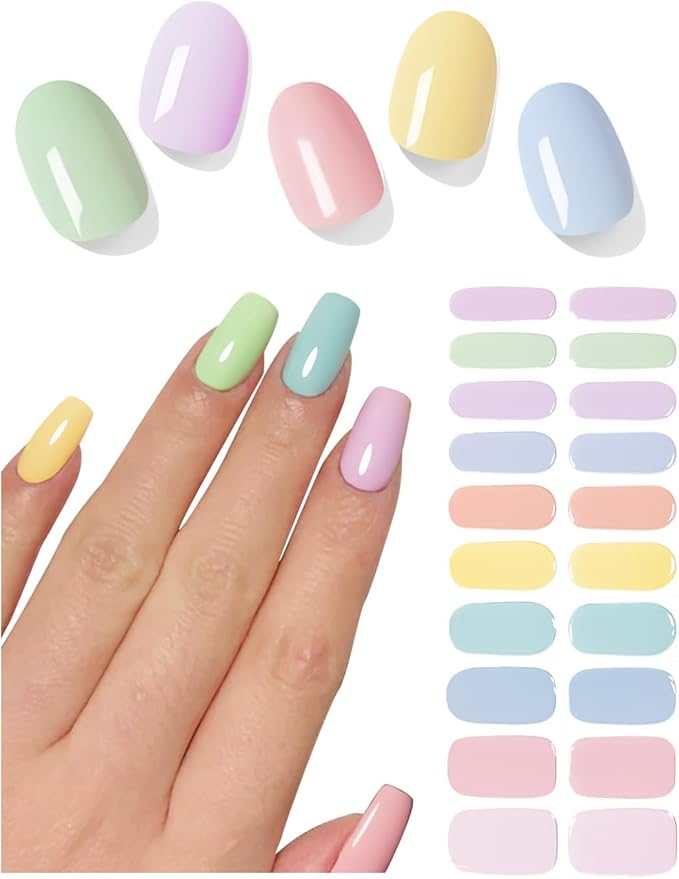 Semi Cured Gel Nail Strips, Candy 20pcs Gel Nail Stickers UV for Home Nails DIY (Macaron)