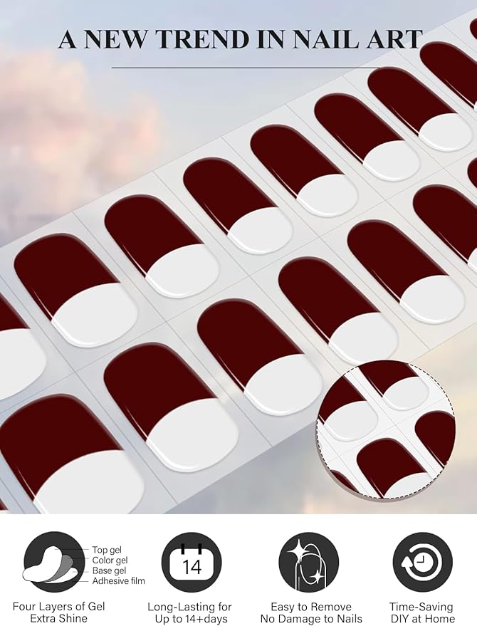 EBANKU 20Pcs Semi-Cured Gel Nail Strips, Dark Red French Nail Sticker, Lasting Waterproof Full Wraps Stickers for Salon Manicures, Perfect for Women, Girl with File and Stick