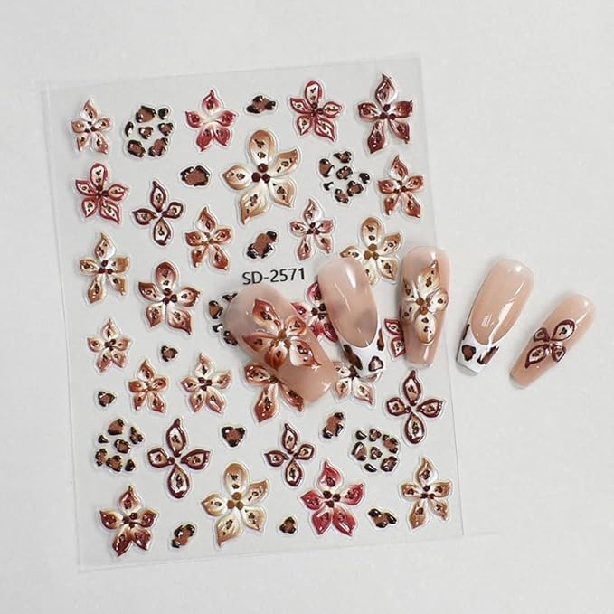 Flower Nail Art Stickers Maillard Leopard Print Nail Decals French Tips Nail Stickers for Nail Art Lily Floral Self Adhesive Relief Design Colorful Nail Sticker for Women DIY Salon Manicure 6 Sheets