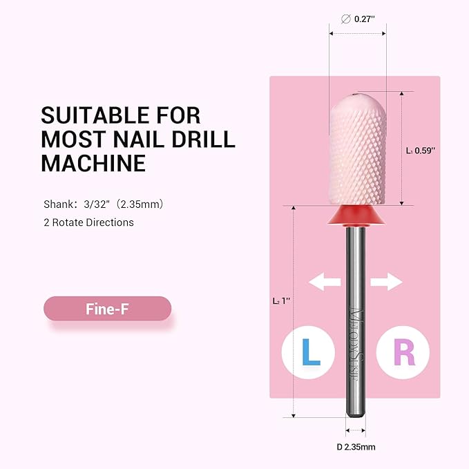 MelodySusie Ceramic Nail Drill Bit, 3/32'' Smooth Round Top Large Barrel Bits, Suitable for Manicure Pedicure Cuticle Gel Polishing, Beginners Bits, Pink, Series Bit-S, Fine